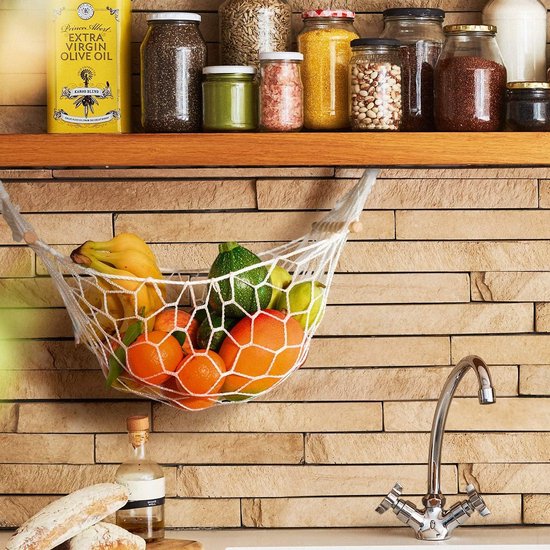 UFURMATE Macramé Fruit Hangmat, Katoen Fruit Houder Net, Onder Kast Veggie Opslag Ruimtebesparende Keuken Decor met Haken