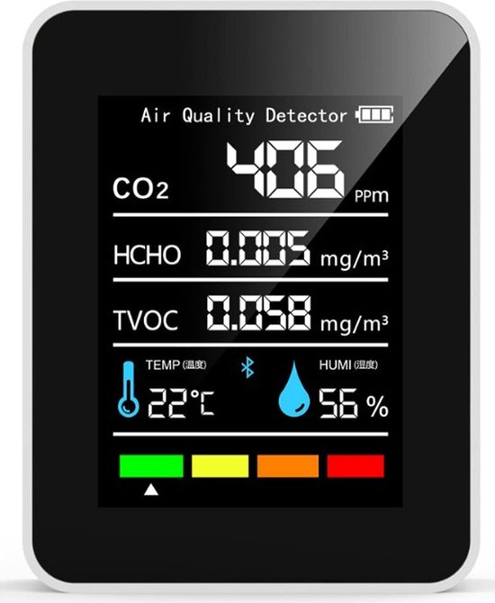 Foto: Co2 meter co2 meter binnen luchtkwaliteitsmeter 5 in 1 meter koolstofdioxide meter bereik tot 5000ppm oplaadbaar wit zwart slimme co2 meter inclusief alarm voor boven en ondergrens