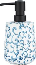 Zeepdispenser, hervulbare zeepdispenser voor vloeibare zeep en lotion van hoogwaardig keramiek in wit met blauwe decoraties, met de hand beschilderd, diameter 8,5 x 15 cm, inhoud 400 ml