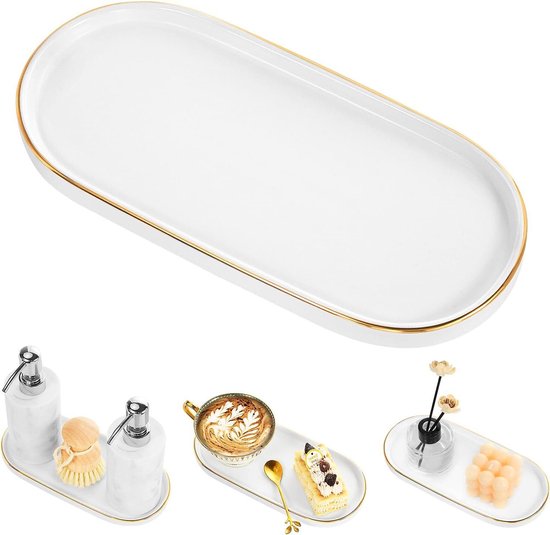 Bathroom Vanity Tray Marble Ceramic Dresser Jewelry Dish with Golden Rim Decorative Tray - White Matte Finish marble tray