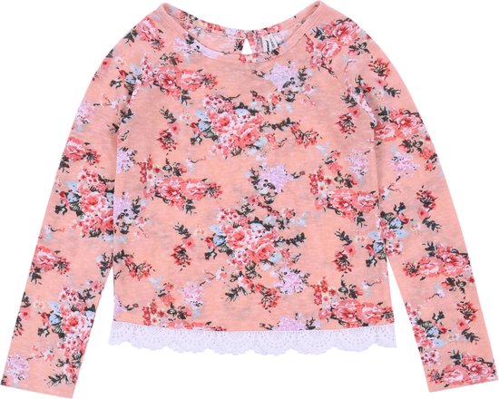 Peach meisjes blouse met bloemen, kant