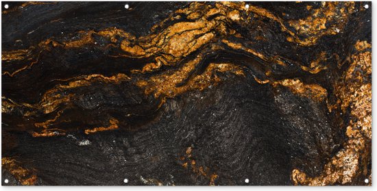 Décoration murale extérieure Marbre - Lime - Zwart - Goud - Aspect marbre - Luxe - 160x80 cm - Toile de jardin - Poster extérieur