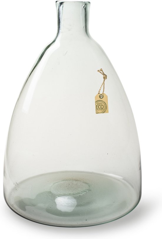 Transparante Eco vaas/vazen met hals van glas 36 cm hoog x 24 cm breed aan onderkant. Boeket of losse bloemen