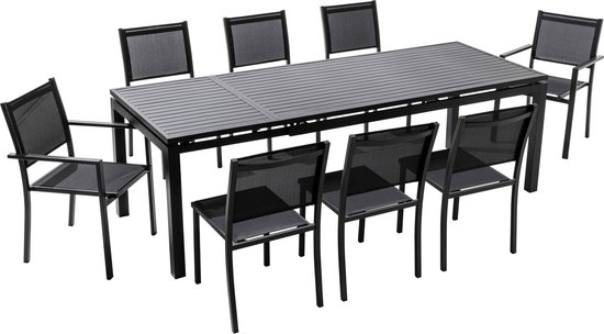 Oviala - Set van een ronde tuin tafel en 6 blauwe stalen fauteuils | bol