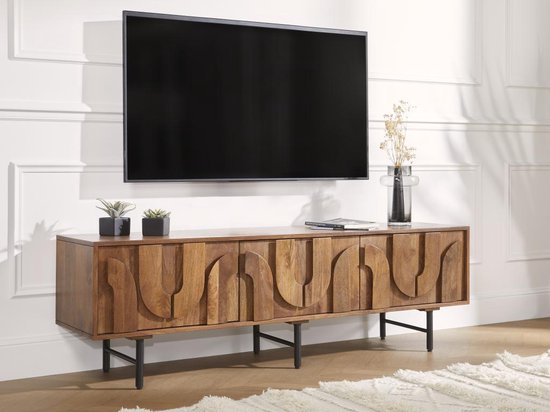 TV-meubel met 3 deuren van mangohout en zwart metaal - Naturel - MIZORAM L 160 cm x H 50 cm x D 40 cm