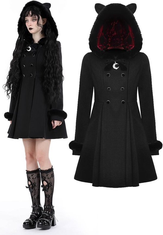 Mannequin portant un manteau d'hiver noir avec capuche à oreilles de chat, bordures en fourrure, double boutonnage et décoration lunaire.