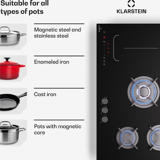 Klarstein Multichef 5 - Wok - Inductie- en Gaskookplaat - 3 Gaspitten - 2 Inductievelden - Flexzone - Zwart