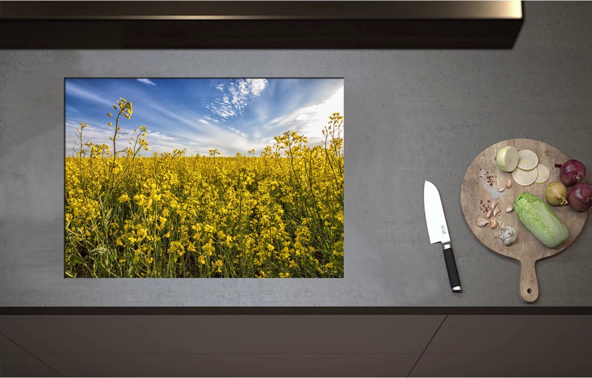 Inductieplaat Beschermer - Bloeiende Gele Bloemen op een Mooie Lentedag - 71x51 cm - 2 mm Dik - Inductie Beschermer - Bescherming Inductiekookplaat - Kookplaat Beschermer van Zwart Vinyl
