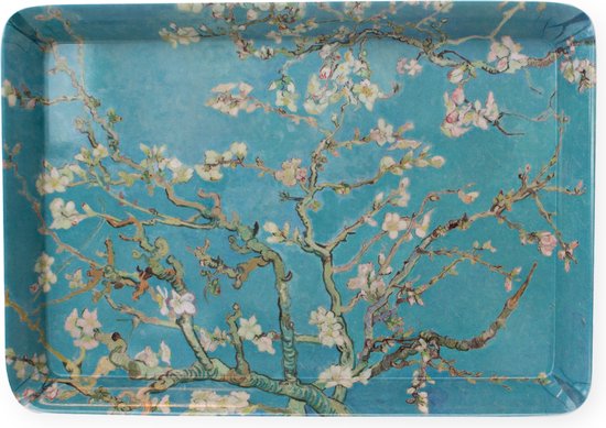 Dienblaadje met "Amandelbloesem" van Vincent van Gogh. Blauwe achtergrond met witte en roze bloesems aan takken.