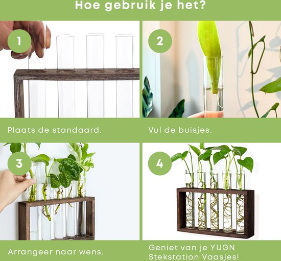 Vier stappen: plaats de standaard, vul de buisjes, arrangeer naar wens en geniet van je stekstation vaasjes.