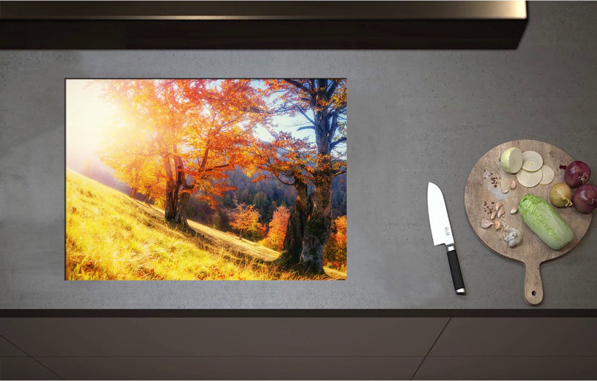 Inductieplaat Beschermer - Bomen op Rand van Berg in Herfst Tinten - 71x51 cm - 2 mm Dik - Inductie Beschermer - Bescherming Inductiekookplaat - Kookplaat Beschermer van Zwart Vinyl