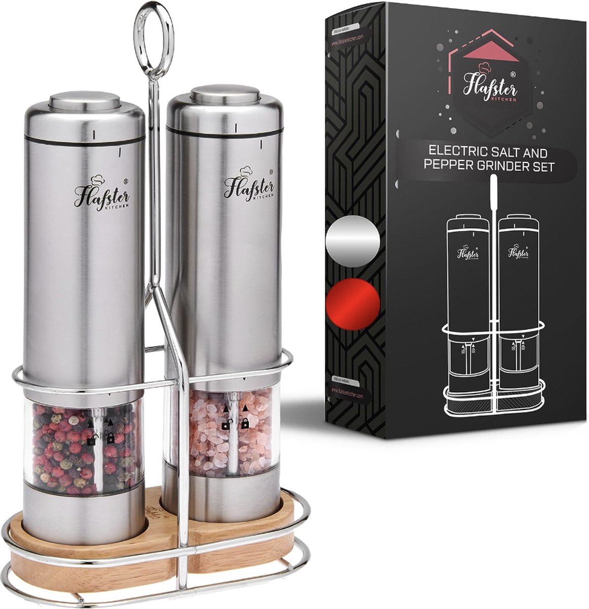 Stellar Elektrische zout en Peper molenset - door batterijen aangedreven molens (2 st.) van Flafster Kitchen - Pepermolens met standaard - Keramische molens - met verlichting en instelbare korrelgrootte - Zoutmolen - Zout en pepermolen set