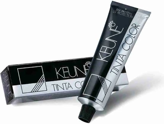 Tube et boîte de coloration Keune Tinta Color en noir et argent avec le texte "SILK PROTEIN UV PROTECTION".