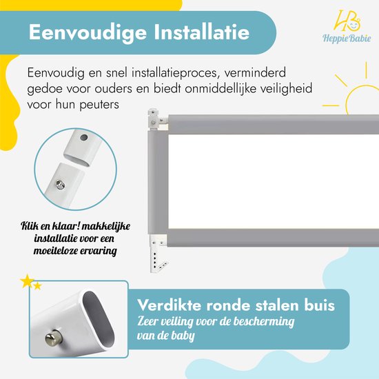 Barrière de lit HeppieBabie - Extra Longue 150 CM - Ajustable - Grijs avec filet de sécurité - Bord de lit - Barrière de lit - Support de lit