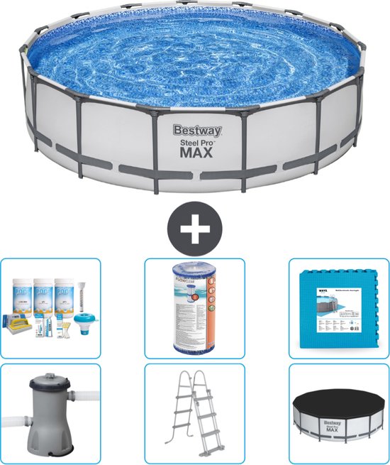 Bestway Rond Steel Pro MAX Zwembad - 457 x 107 cm - Grijs - Inclusief Pomp - Ladder - Afdekzeil Onderhoudspakket - Filter - Vloertegels