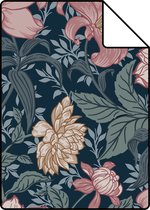 Proefstaal ESTAhome behangpapier vintage bloemen blauw en oudroze - 139382 - 26,5 x 21 cm