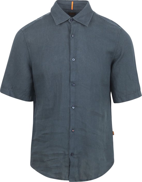 BOSS - Rash Short Sleeve Overhemd Linnen Navy - Heren - Maat L - Regular-fit
