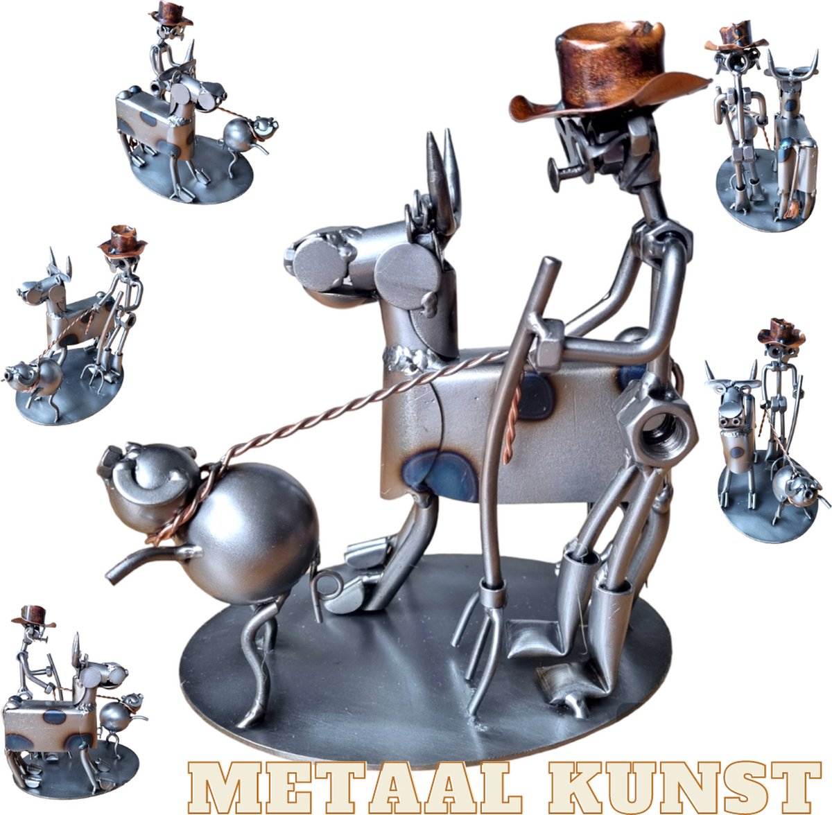 Boer met dieren-metaal kunst-metaal beeld-boerderij-varken-koe-het best cadeau-uniek-sinterklas gift-kerst-geschenk