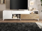 Tv-meubel met 2 deurtjes, 1 lade en 2 nissen - 241 cm - Wit gelakt en houtkleur - DONALA L 241 cm x H 67 cm x D 42 cm