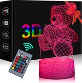 3D Illusielamp - Teddybeervorm - 16 Wisselende Kleuren - Met Afstandsbediening & Smart Touch - Oplaadbaar Met USB-kabel