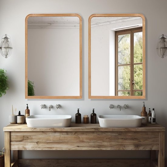 Miroir mural incurvé avec cadre en bois, 61 x 91 cm, grand miroir pour salle de bain, miroir décoratif pour entrée, salon ou chambre, décoration de la maison