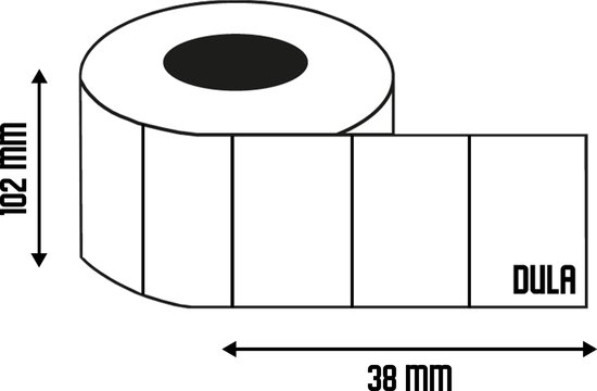 Schematische weergave van een labelrol met afmetingen 102 mm hoog en 38 mm breed, met het woord 'DULA'.