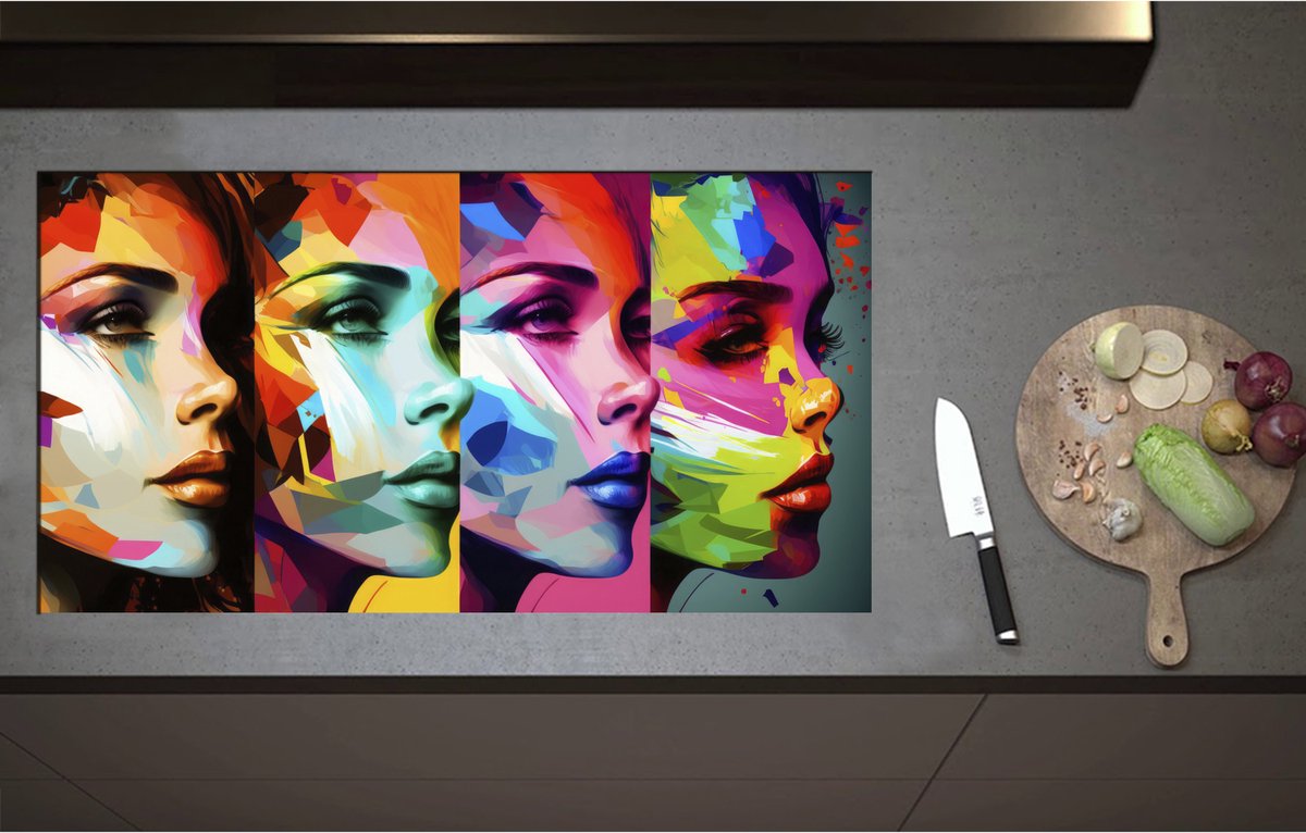 Inductieplaat Beschermer - Artistieke Collage van Zijaanzichten van Kleurrijke Vrouwen - 95x51 cm - 2 mm Dik - Inductie Beschermer - Bescherming Inductiekookplaat - Kookplaat Beschermer van Wit Vinyl