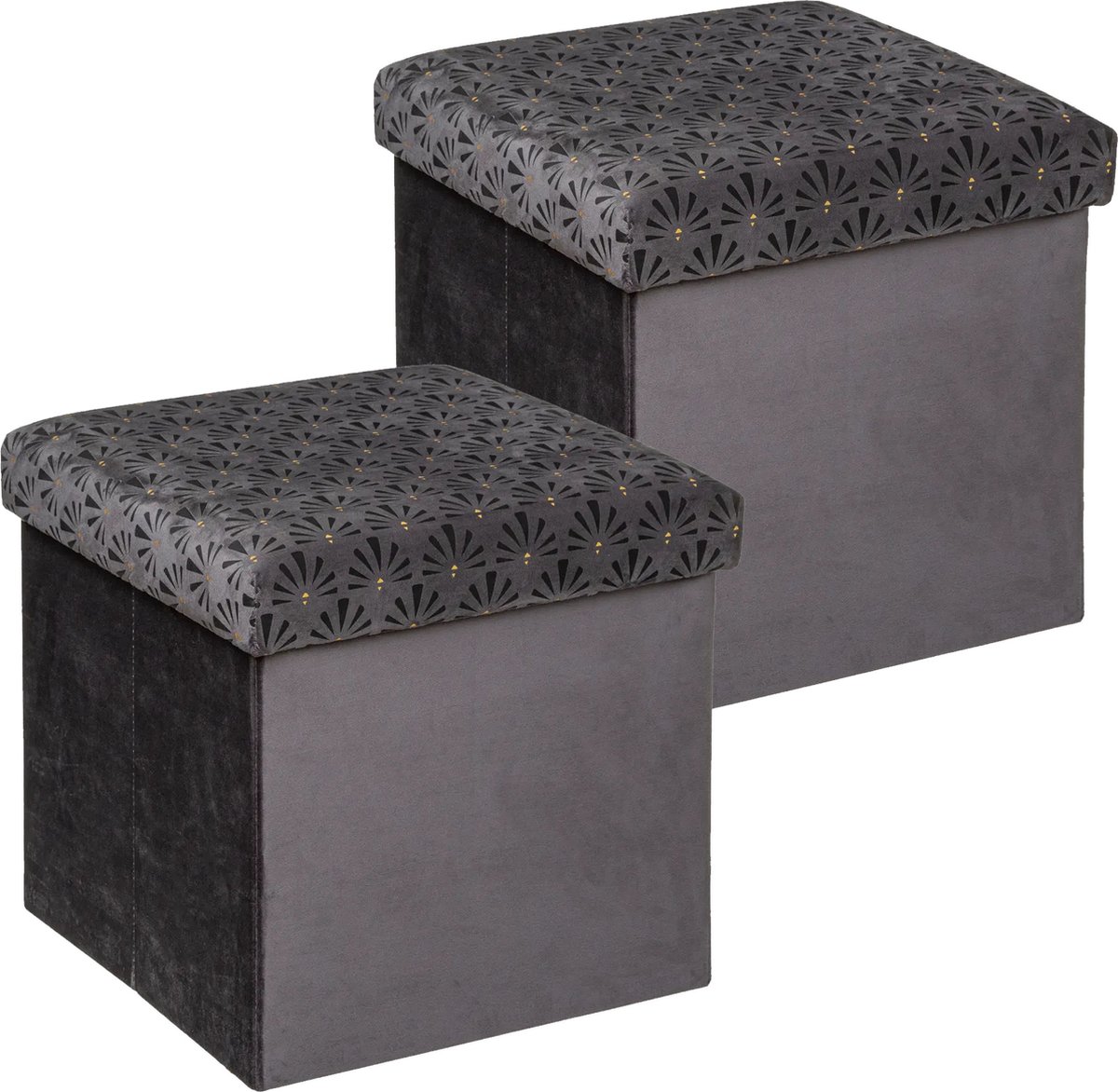 Atmosphera Poef/krukje/hocker Royal - 2x - Opvouwbare zit opslag box - fluweel Donkergrijs - D38 x H38 cm - MDF/polyester Dark grey
