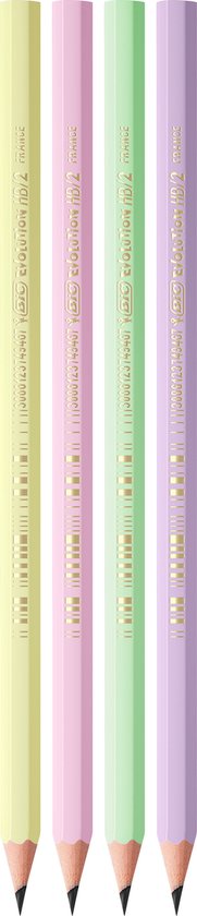 Vier pastelkleurige grafietpotloden in geel, roze, groen en paars.