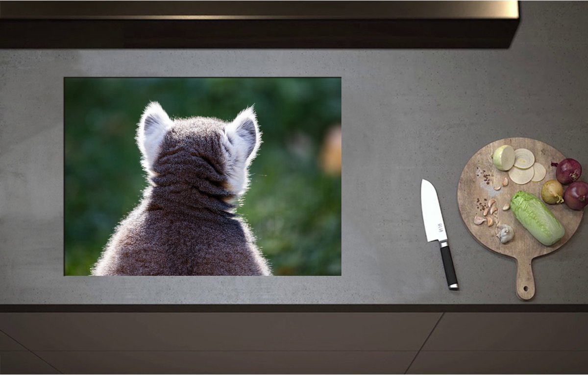 Inductieplaat Beschermer - Achteraanzicht van een Pluizige Ringstaartmaki Aap - 71x51 cm - 2 mm Dik - Inductie Beschermer - Bescherming Inductiekookplaat - Kookplaat Beschermer van Wit Vinyl
