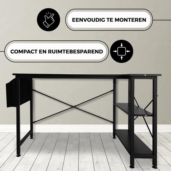 Zwart L-vormig bureau dat compact en ruimtebesparend is, met een eenvoudige montage.