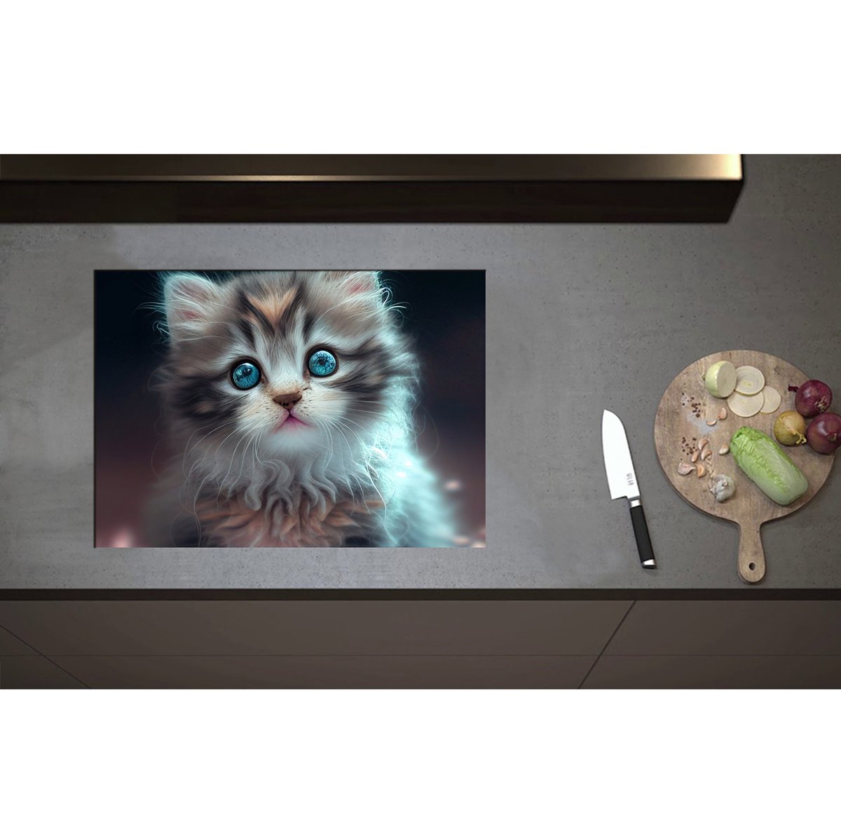 Inductieplaat Beschermer - Aandoenlijke Kitten met Helder Blauwe Magische Ogen - 70x50 cm - 2 mm Dik - Inductie Beschermer - Bescherming Inductiekookplaat - Kookplaat Beschermer van Wit Vinyl