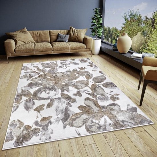 Flycarpets Shine Design vloerkleed - Gebloemd - Wit / Grijs / Bruin - 160x235 cm