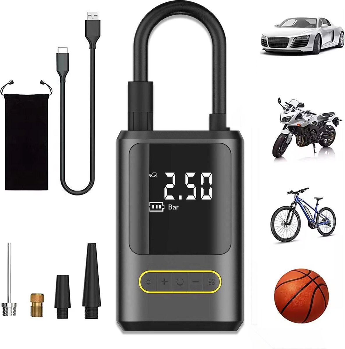 Elektrische Bandenpomp – 10,3 BAR - USB Oplaadbaar - Fietspomp - Ballenpomp - Autobanden Pomp - Luchtpomp - Luchtcompressor - Noodlamp