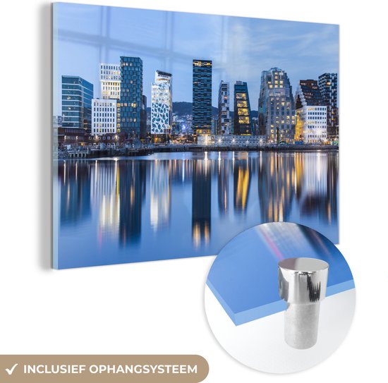 MuchoWow® Glasschilderij 120x80 cm - Schilderij acrylglas - Skyline Oslo - Foto op glas - Schilderijen