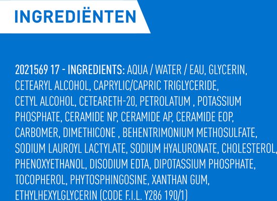 Tekst met ingrediëntenlijst voor CeraVe Hydrating Hyaluronic Acid Serum.