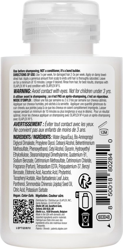 Achterkant van een Olaplex Hair Perfector No.3 fles. Toont waarschuwingen, ingrediënten, gebruiksaanwijzing en QR-code.
