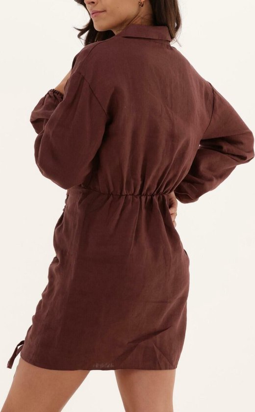 NA-KD Drawstring Linen Mini Dress Jurken Dames - Kleedje - Rok - Jurk - Bruin - Maat 40