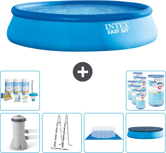 Piscine Opblaasbaar Ronde Intex Easy Set - 457 x 107 cm - Blauw - Pompe Incluse - Ladder - Tapis de Sol - Forfait Entretien Couverture - Filtres