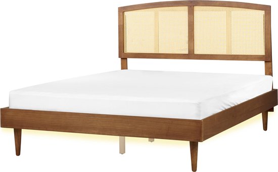 VARZY - Bed met LED - Lichtbruin - 160 x 200 cm - Rubberhout