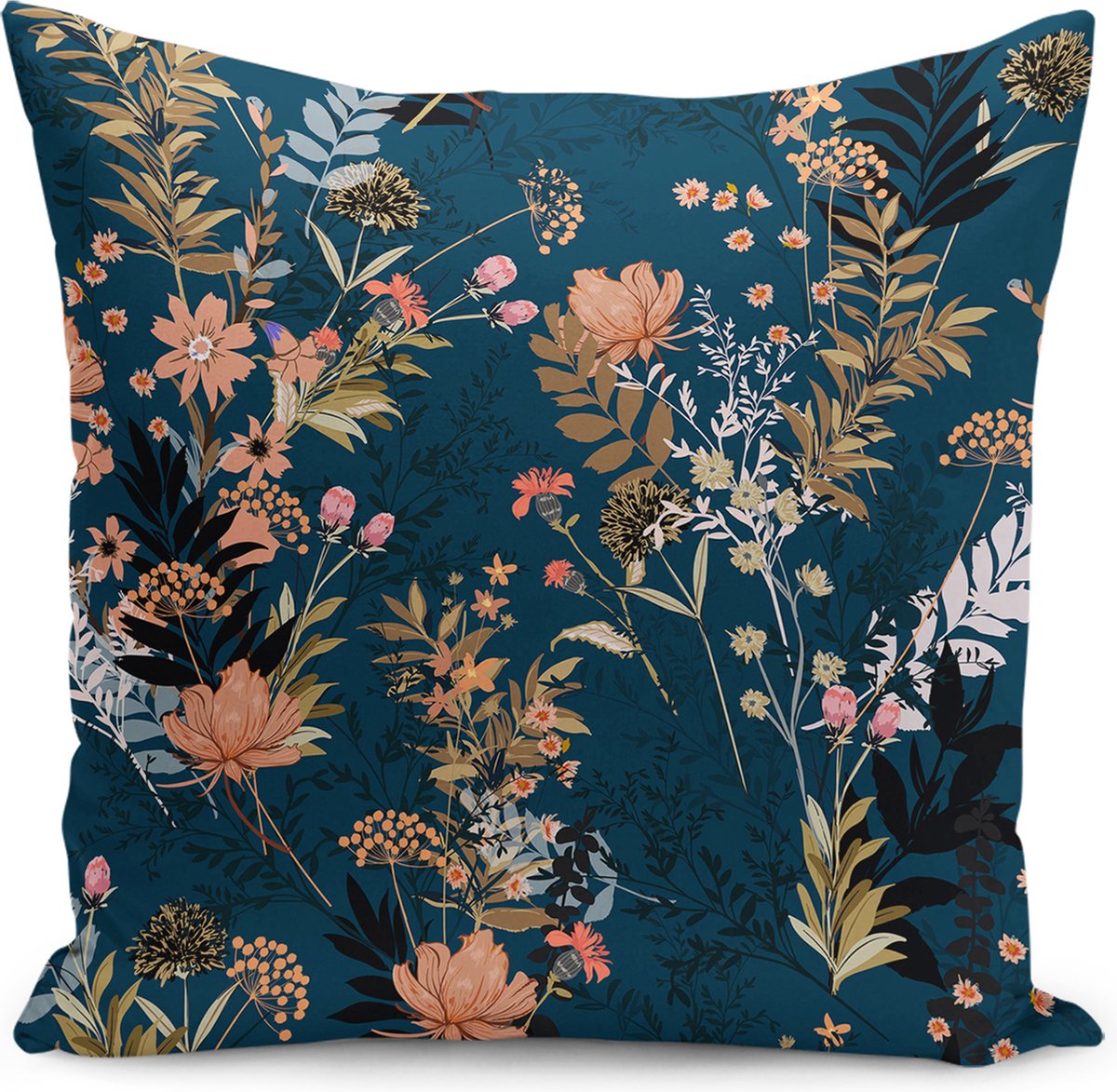 De Groen Home BLOEM - Sierkussen velvet 50x50 cm - Bloemen op donkerblauw - Inclusief binnenkussen - Fluweel - Kussensloop