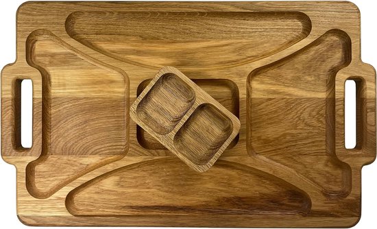Rectangular Wooden Serving Platter with Split Compartments and Removable Salsa Bowl - Decorative Tapas Tray with Handles for Serving Appetizers, Cheese and Snacks - 48 x 29 cm