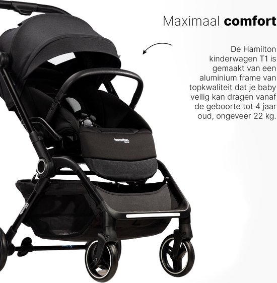 Hamilton by Yoop T1 Buggy - 360° Draaibare Stoel - MagicFold™ Technologie - Inklapbaar - Reflecterende Wielen mét Vering - Inclusief beschermtas en bekerhouder - Verstelbare en Wendbare Kinderwagen - Lichtgewicht Wandelwagen - Plooibuggy - Zwart van Yoop — afbeelding 4