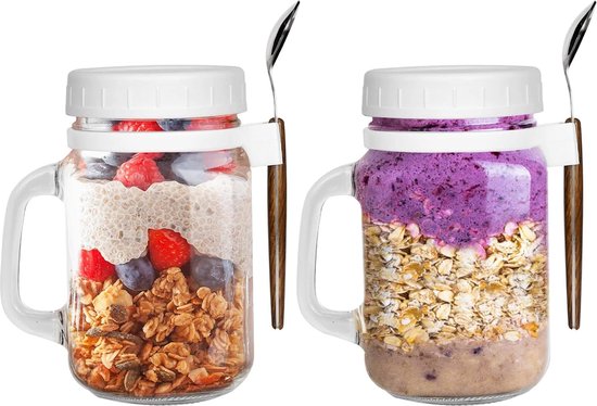 Lot De 3 Overnight Oats Jar Verre 430ml Avec Couvercles, Cuillères Et Sacs Transparents - Bols Muesli à Emporter Colorés