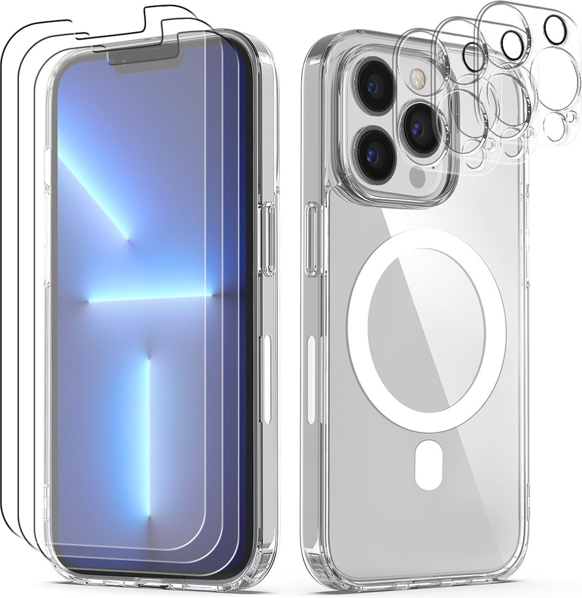 Nuvex Magsafe Hoesje Geschikt voor iPhone 13 Pro - Met 3x Screenprotector + 3x Cameraprotector - Magnetisch met Ring Doorzichtig - Telefoonhoesje Transparant Case