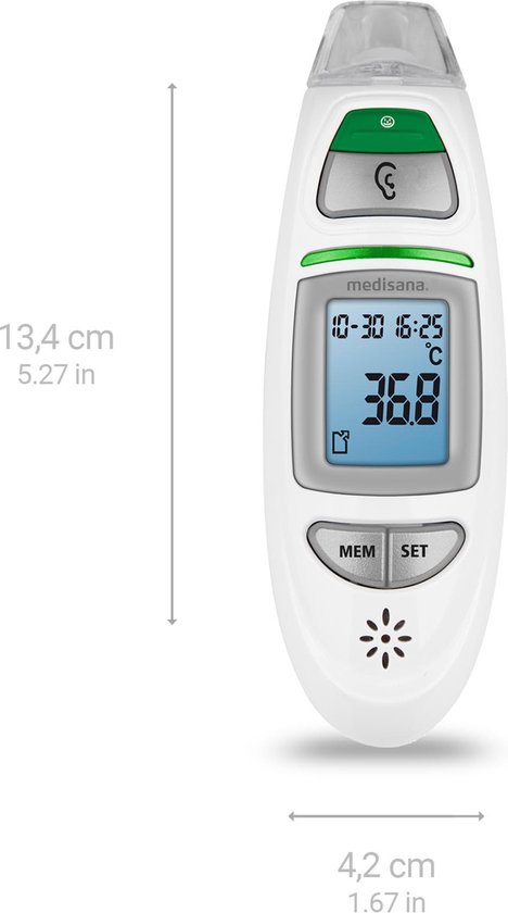 Witte Medisana thermometer met digitaal display. Afmetingen 13,4 cm hoog en 4,2 cm breed worden aangegeven met pijlen.