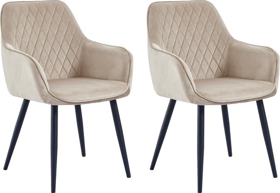 Swiss Homes® | Luxe Vento Eetkamerstoelen | Capuccino (Beige) - Set van 2 | Met armleuning - Fluweel - Velvet stoel - Eetkamerstoel - Kuipstoel - Industriële - Woonkamerstoelen | Nieuw Collectie!