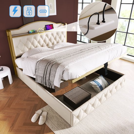 Sweiko Gestoffeerd bed met USB Type C oplaadfunctie, tweepersoonsbed 140 x 200cm opbergbed met metalen frame lattenboden, Licht Beige (Zonder matras)