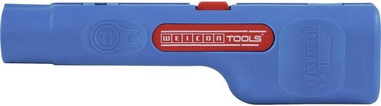 Blauwe kabelstripper met rode knop, opschrift 'WEICON TOOLS' en 'MESSER STAHL'.