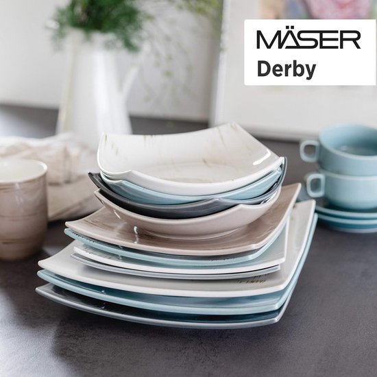 MÄSER Kitchen Time II, serviesset voor 4 personen, 16-delig combiservies in pastelkleuren met discreet patroon, porselein, blauw